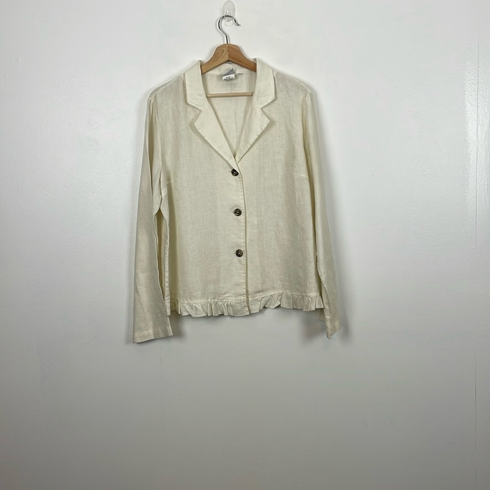 Hot Cottonn Linen Long Sleeve Button Down Womens XL Ruffle Hem White Tunic Top